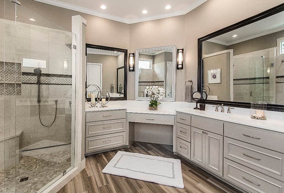 Before: The completed vanity area featuring modern lines and bright lighting.